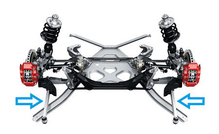 981caymanのrear suspension。青矢印はもしかしてRadius Rodに該当するもの？