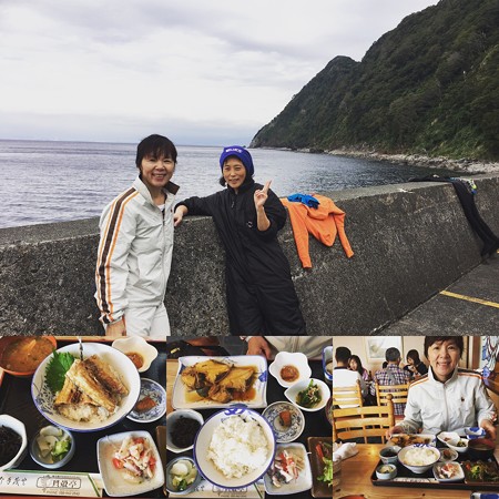 昨日初冠雪の富士山を前に。と、美味しい貝殻亭さんのランチ