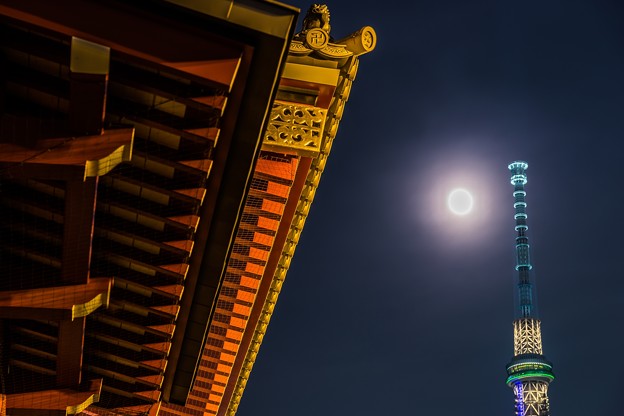 満月と浅草寺本堂